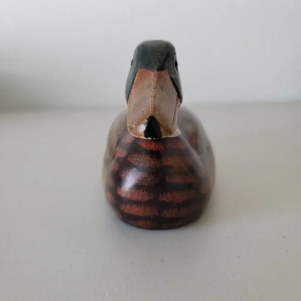 Vintage Hand Painted Wooden Duck Decoy Hand Carved Mallard Figurine Glass Eyes